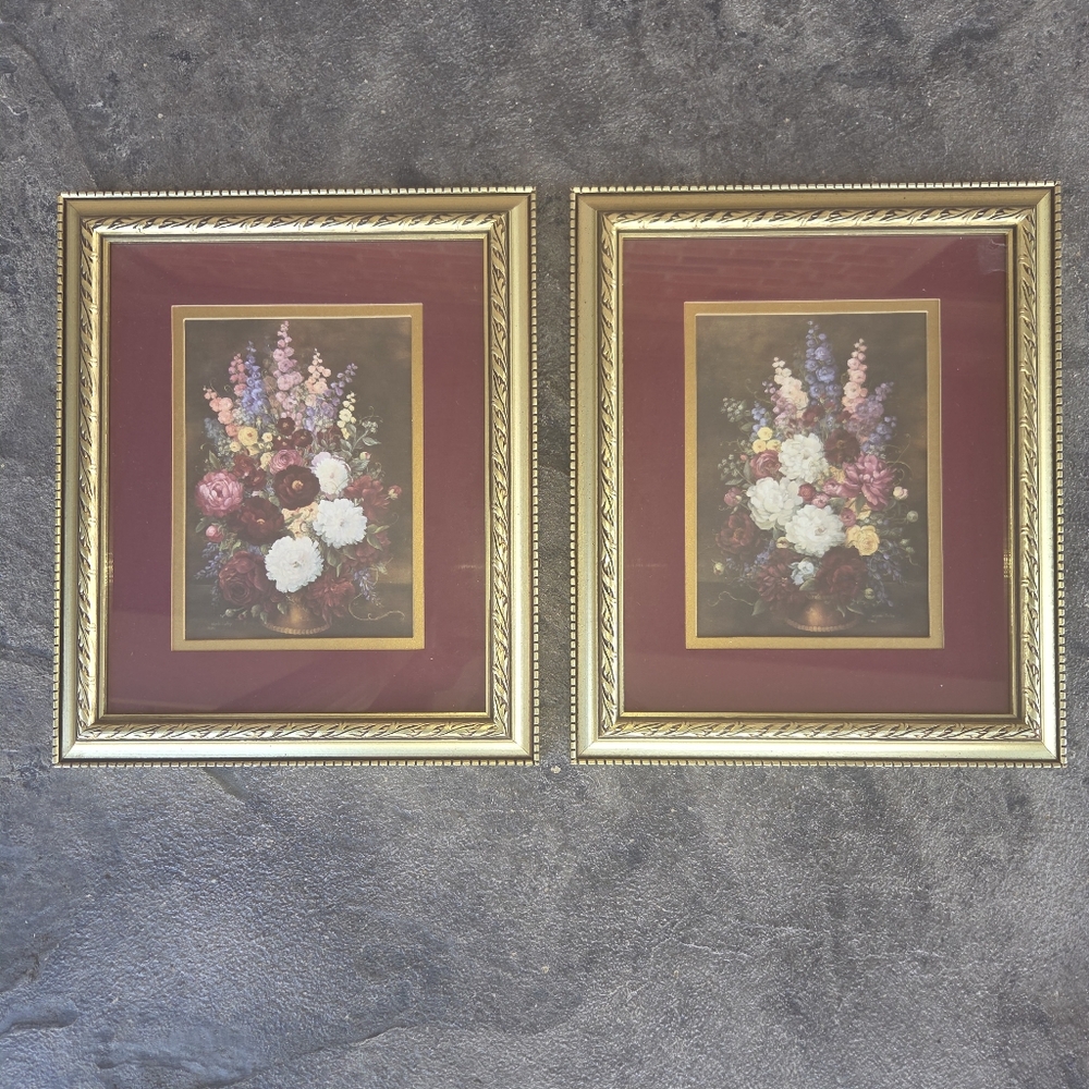 Vintage Glynda Turley Set Of Two Gold Framed Matted Burgundy Floral Art Prints